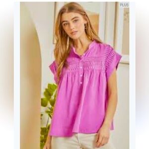 Andree by Unit - Half Button Up Top With Pleated Detail Sz XL - Fuchsia pink